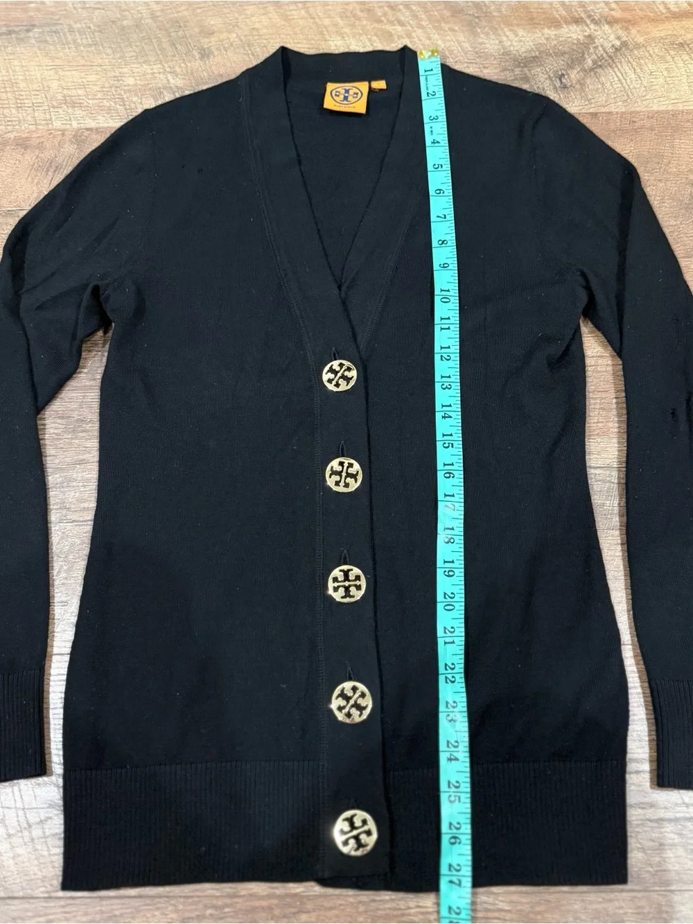 Tory Burch Merino Wool Black Sweater with Oversized Gold Logo Buttons *Flaws